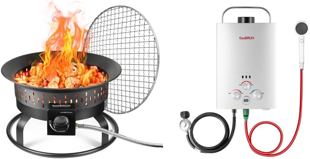 19″ Outdoor Portable Propane Fire Pit with Grill Grate, Cover&Carry Handle,Fireplace &Tankless Water Heater Outdoor, 1.58 GPM, 6L Portable Propane Camping Water Heater with Overheating Protection
