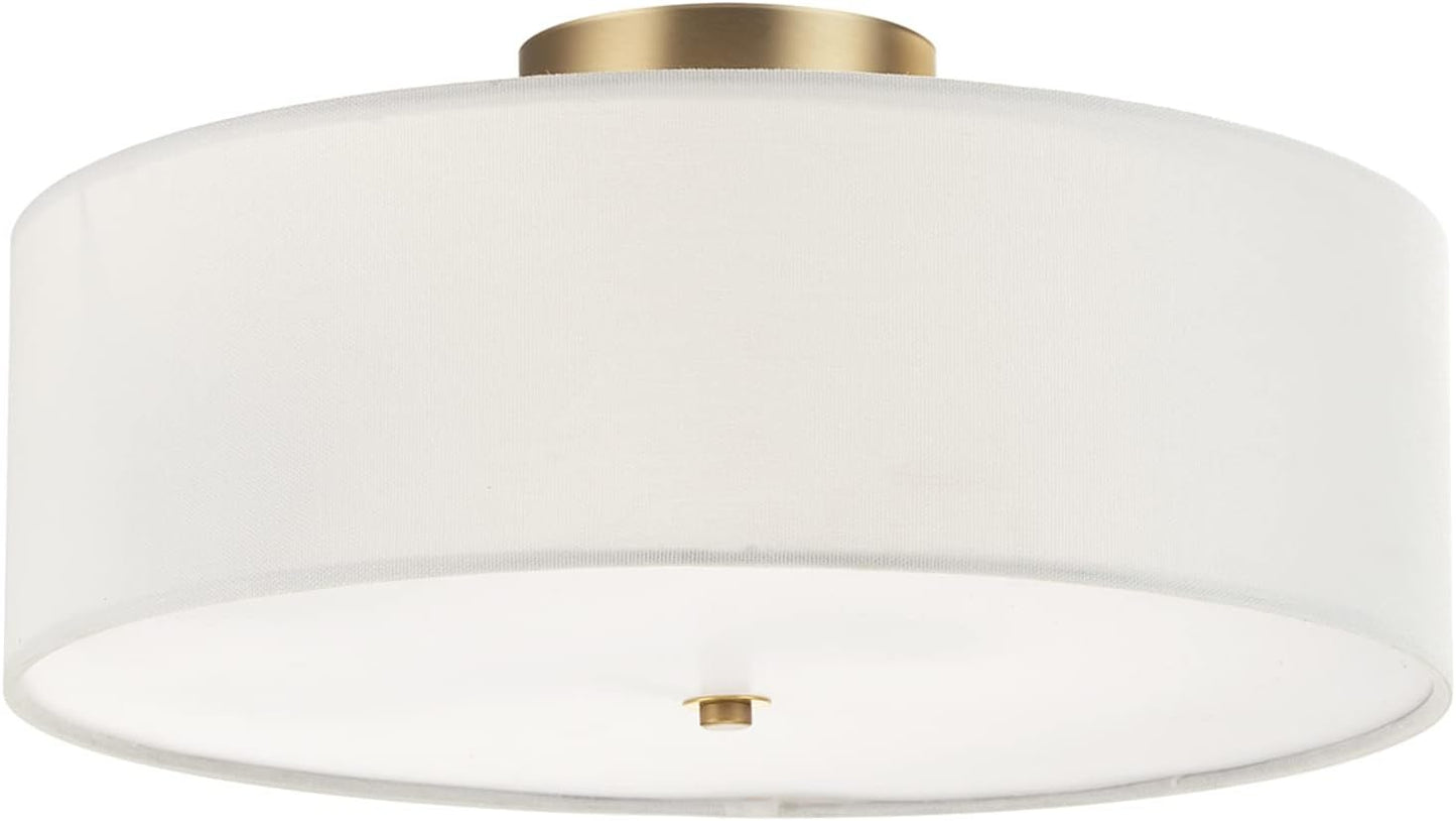 GLOBE Electric 60998 2-Light Flush Mount Ceiling Light, Matte Brass, White Linen Shade, E26 Base, Minimalist Lighting for Kitchen Island, Bathroom, Bedroom, or Dining Room, Home Decor