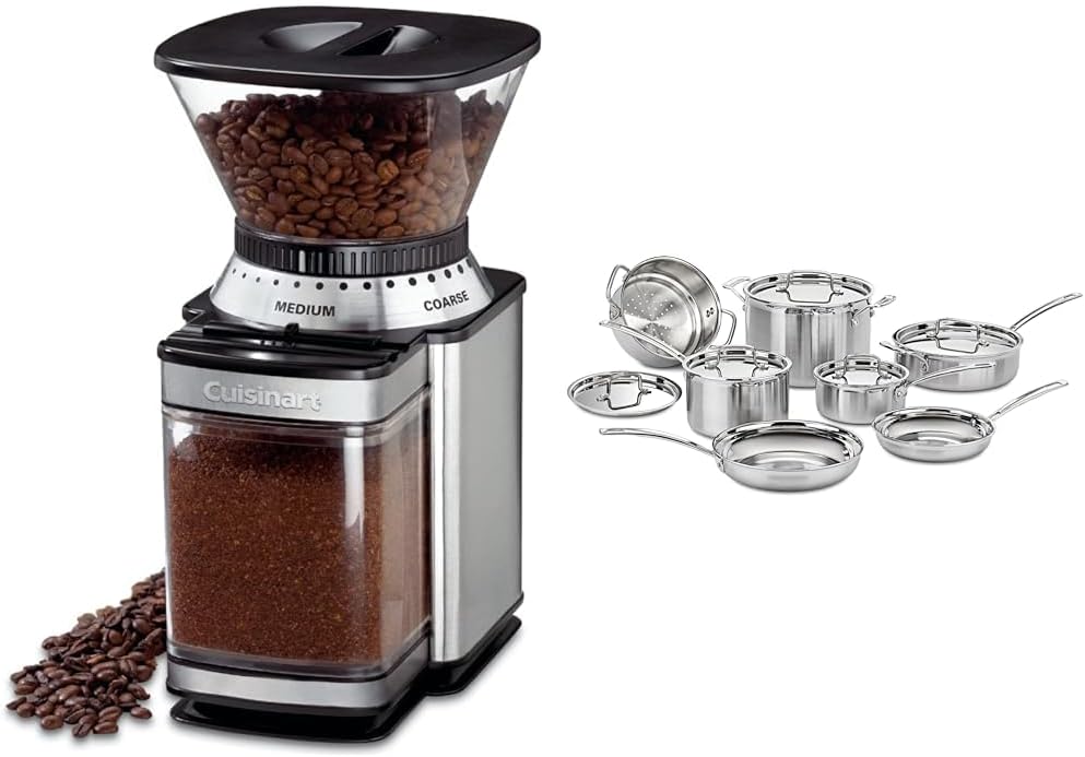 CUISINART Coffee Grinder, Electric Burr One-Touch Automatic Grinder with18-Position Grind Selector, Stainless Steel, DBM-8P1 & 12 Piece Cookware Set, MultiClad Pro Triple Ply, Silver, MCP-12N