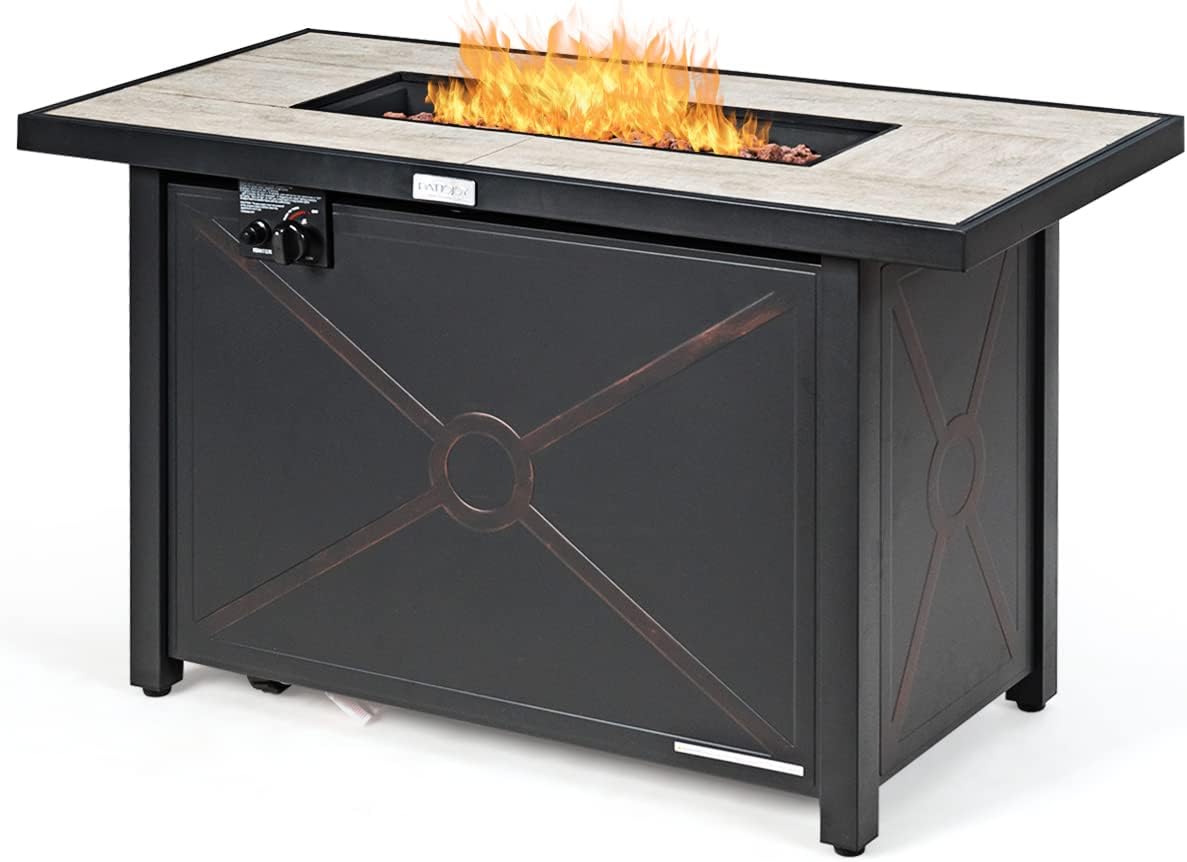 COSTWAY 42" Propane Fire Pit Table, 60,000 BTU Outdoor Rectangle Gas Fire Table W/Ceramic Tabletop, Lava Rock & PVC Cover Included, Stainless Steel Burner, Ideal for Backyard, Poolside