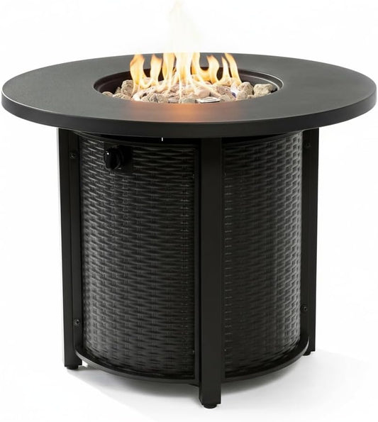 32 Inch Outdoor Propane Fire Pit Table,50000 BTU Steel Gas Firepit with Lava Rocks & Cover, Portable Round Patio Heater for Deck Garden Backyard Black