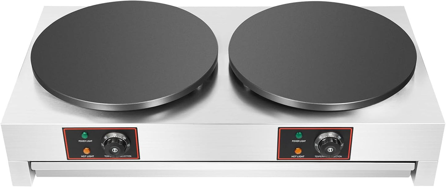 Electric Crepe Maker, 16 Inches Commercial Nonstick Double Griddle Pancake Crepe-Making Machine, Large Capacity Desktop Stainless Steel Hot Stove With Temperature Control 122-572℉