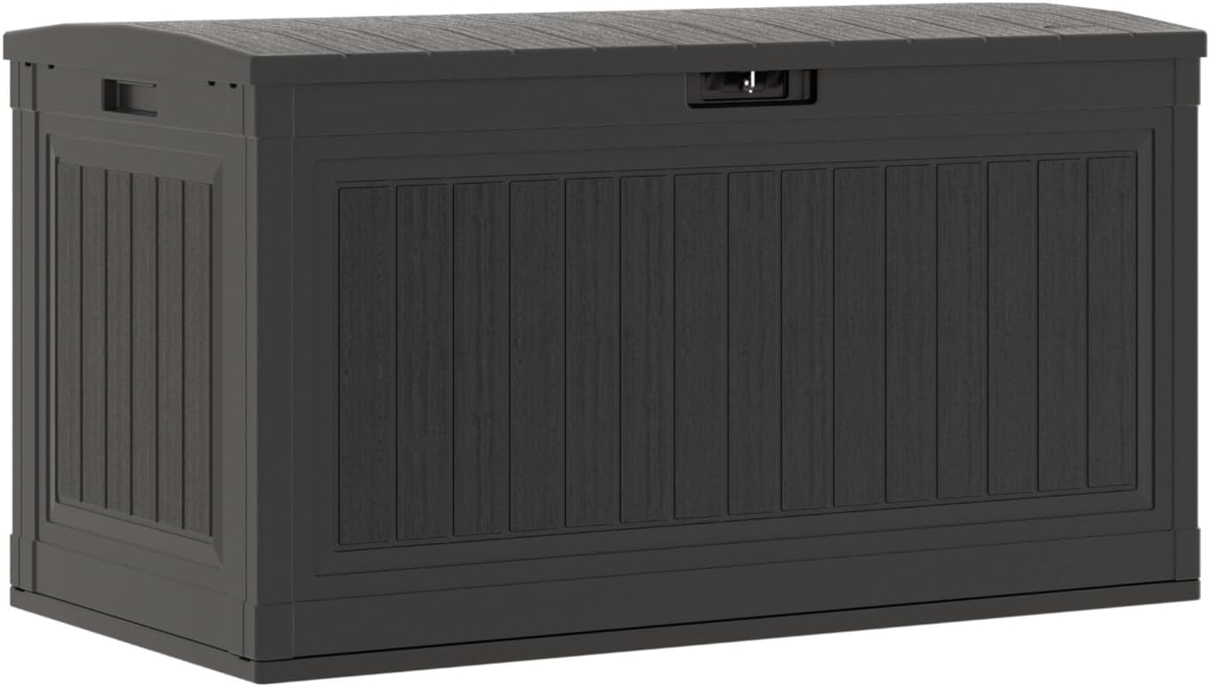 Suncast 80-Gal. Waterproof Resin Large Outdoor Patio Deck Box with Pad-Lockable Lid, Modern Outdoor Patio Bench\/Storage Box for Cushions, Garden Tools, and More, Iron Ore