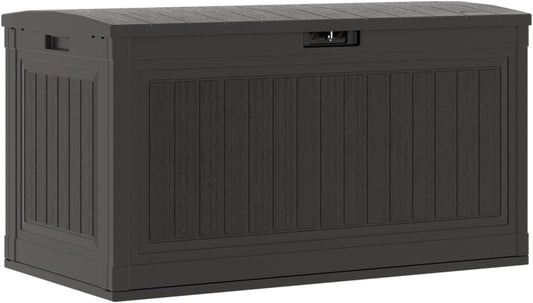 Suncast 80-Gal. Waterproof Resin Large Outdoor Patio Deck Box with Pad-Lockable Lid, Modern Outdoor Patio Bench\/Storage Box for Cushions, Garden Tools, and More, Iron Ore