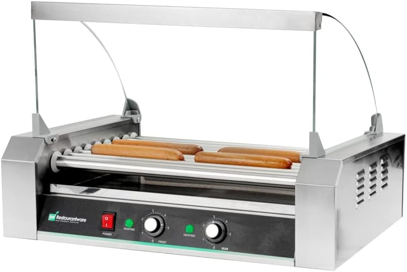 Restaurantware Hi Tek Hot Dog Spinner 1 Curved Glass Sneeze Guard Hot Dog Cooker - Dual Temperature Controls Removable Drip Tray Stainless Steel Hot Dog Roller No-Slip Feet Fits 24 Hot Dogs