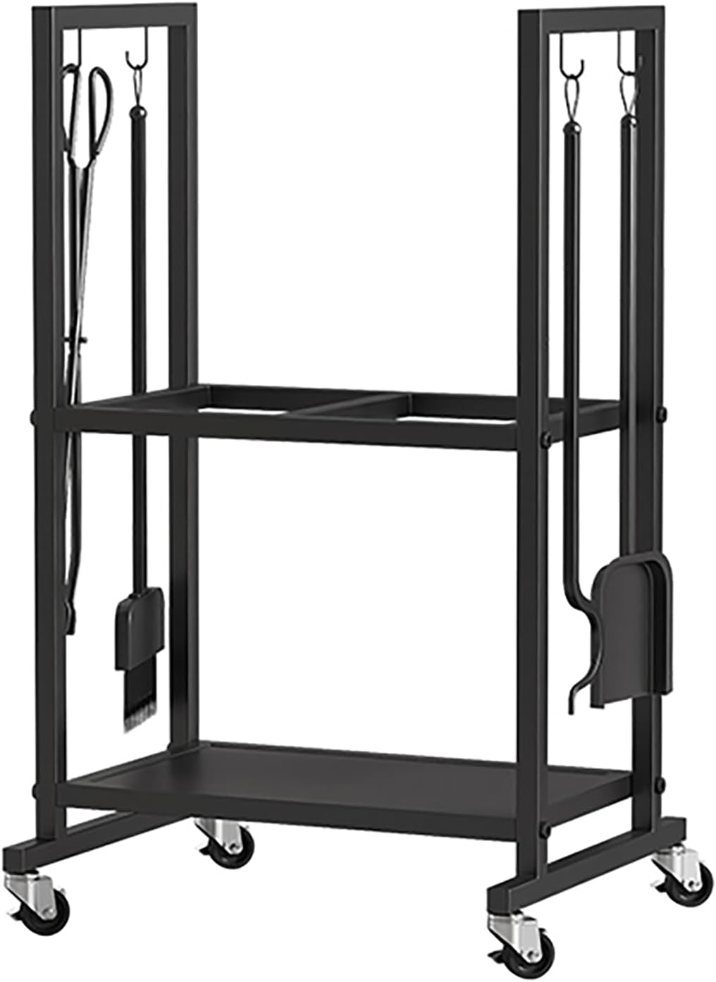 Wheeled Firewood Rack and Fireplace Tool Set, Includes 4 Tools, Suitable for Indoor and Outdoor Use, Ideal for Wood Storage, Black.