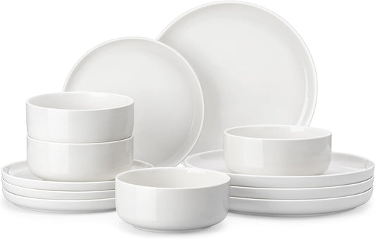 MALACASA Plates and Bowls Sets, 12 Pieces Porcelain Dinnerware Sets Dishware Sets Chip Resistant Ceramic Dish Set Dining Dinner Ware Service for 4, White, Series LUNA