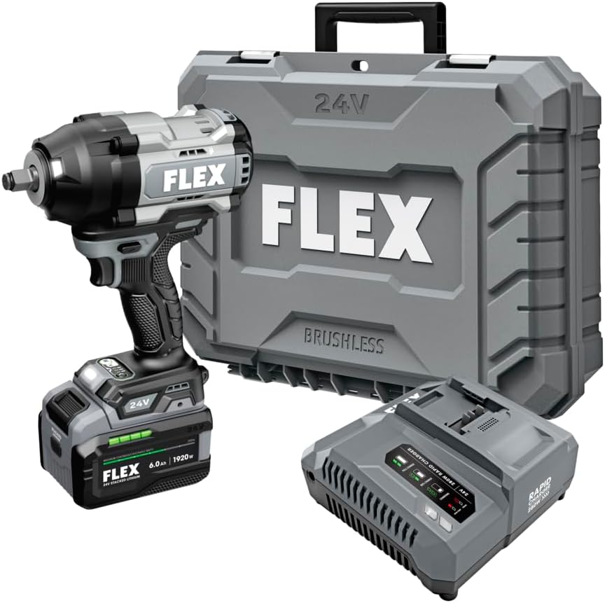 FLEX 24V Brushless Cordless 1/2-Inch 1,500 Ft-Lbs High-Torque Impact Wrench Kit with 6.0Ah Stacked Lithium Battery and 280W Fast Charger - FX1472-1H
