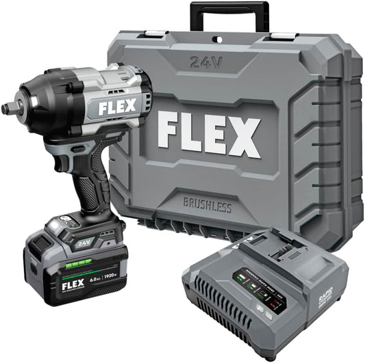 FLEX 24V Brushless Cordless 1/2-Inch 1,500 Ft-Lbs High-Torque Impact Wrench Kit with 6.0Ah Stacked Lithium Battery and 280W Fast Charger - FX1472-1H