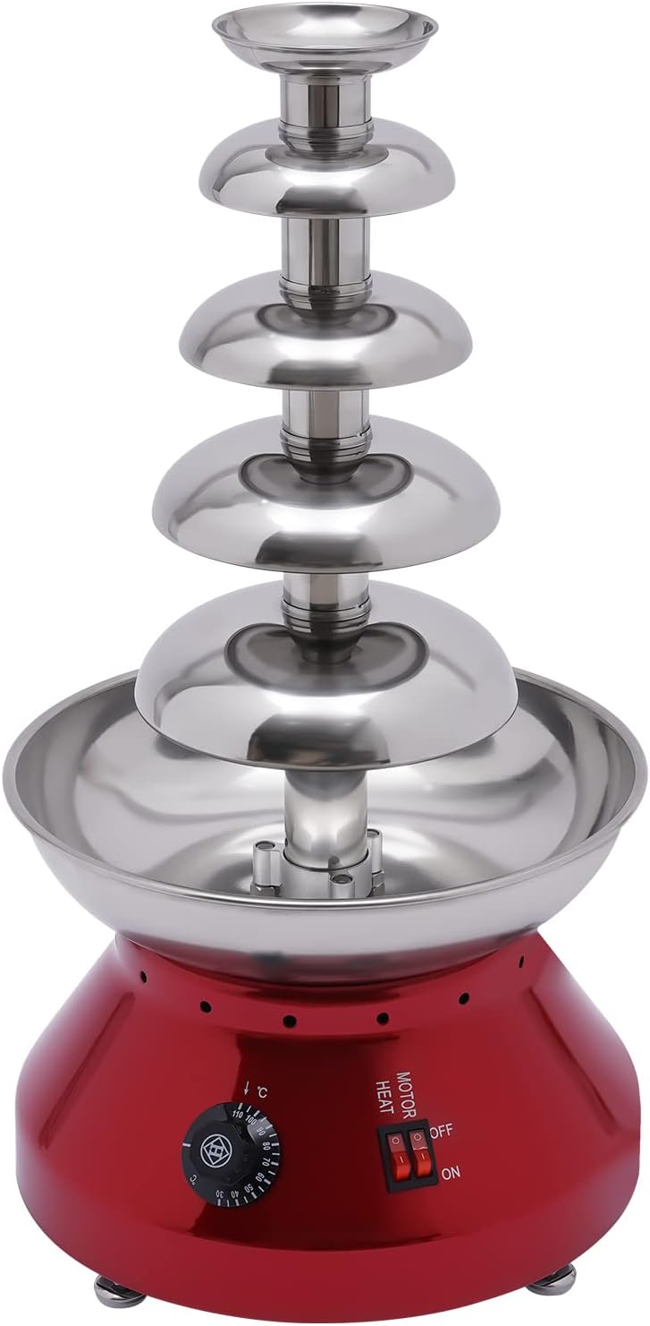Commercial Chocolate Fountain, 5 Tier 7 lb Capacity Large Commercial Hot Chocolate Fondue Tower Stainless Steel Chocolate Melting Heating Machine for Nacho Cheese Liqueurs Party Wedding (Red)
