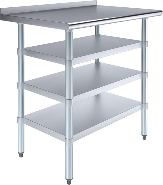 Express KitchQuip Stainless Steel Work Table with 1.5" Backsplash and 3 Shelves | Metal Kitchen Food Prep Table | NSF Certified (36" Long x 24" Deep)