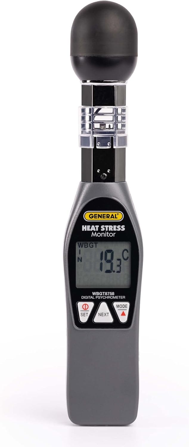 General Tools Hand-held Heat Stress Monitor #WBGT8758, 32° to 122° F, 0 to 100% RH, 35 x 40 mm Brass Black Ball