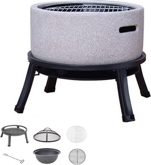 EliteBloom Clay Charcoal Stove Portable Grill, 16X17 Inch Outdoor Fire Pit Combo Hibachi Grill with Marble Steel Bracket White Grey,White