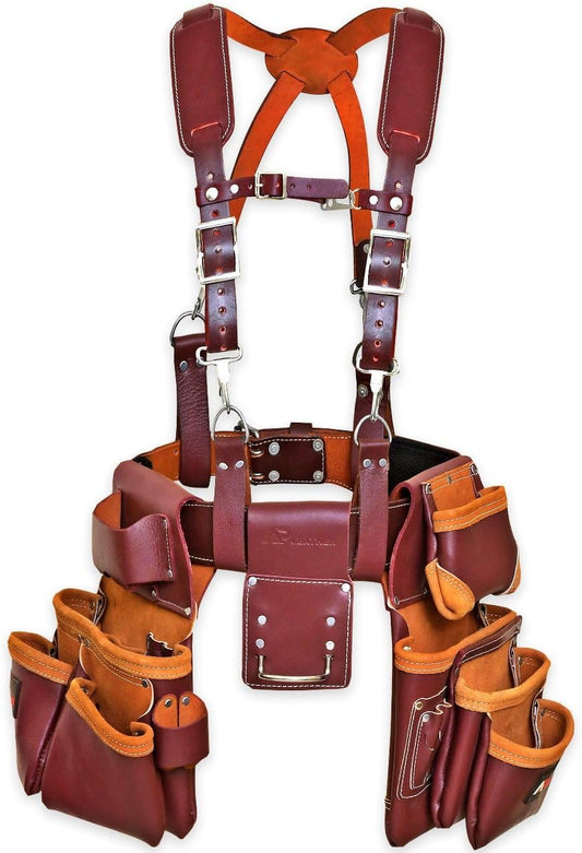 Leather PRO-19 100% Genuine Full Grain Leather Tool Belt\/Pouch\/Bag, Tool Belt with Suspenders, Comfort Back Support Tool Pouches with Suspenders for Construction,Framers, (Maroon)