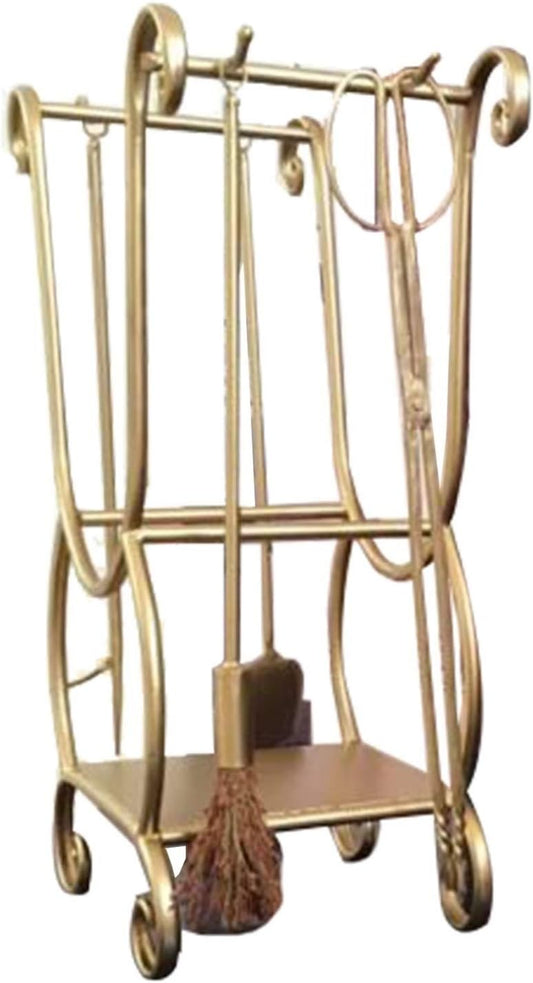 Heavy Duty 5 Pieces Metal Soild Iron Fire Pit Fireside Stand with Tongs Shovel Antique Brush Poker, Gold Fireplace Tools Sets and Firewood Log Racks