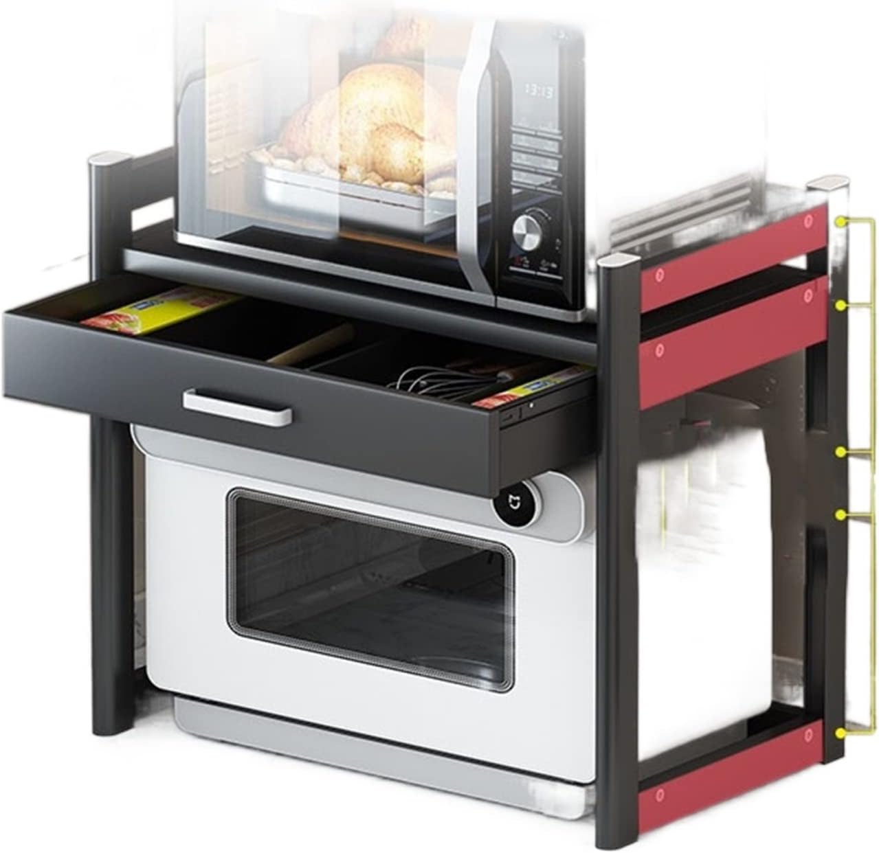 YOtat Kitchen Storage Shelving Units Space Aluminum Kitchen Microwave Storage Rack, Stove Top, Air Fryer, Small Household Appliance Storage Rack with Drawers, Double Layer, Grey