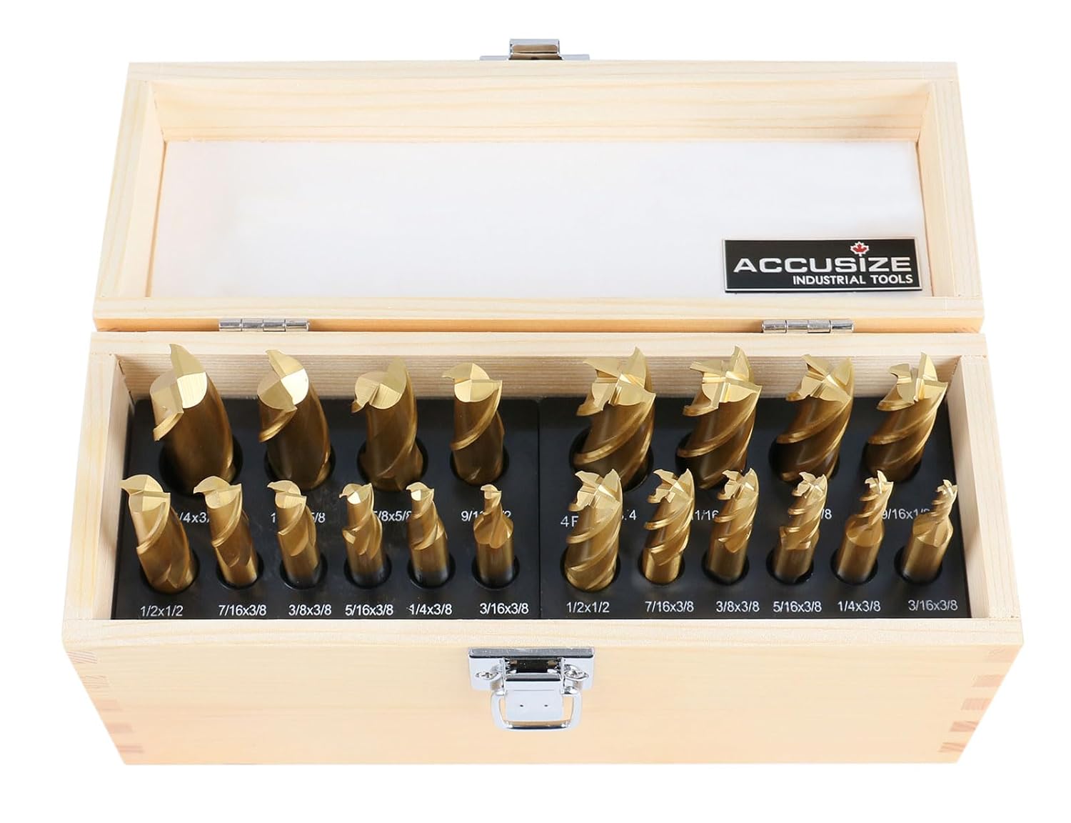 Accusize Industrial Tools 20 Pc Hss Tin Coated End Mill Set, 2 Flute and 4 Flute, Cutting Diameter from 3\/16'' up to 3\/4'', 1810-0100
