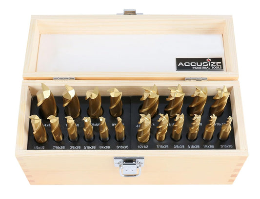Accusize Industrial Tools 20 Pc Hss Tin Coated End Mill Set, 2 Flute and 4 Flute, Cutting Diameter from 3\/16'' up to 3\/4'', 1810-0100