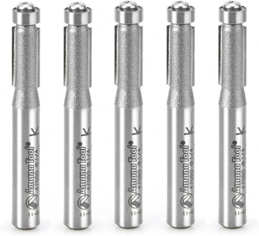 Amana Tool 47090-5 5-Pack Carbide Tipped Flush Trim 1/4 D x 1/2 CH x 1/4 Inch SHK x 2-1/4 Inch Long Router Bits w/Lower Ball Bearing