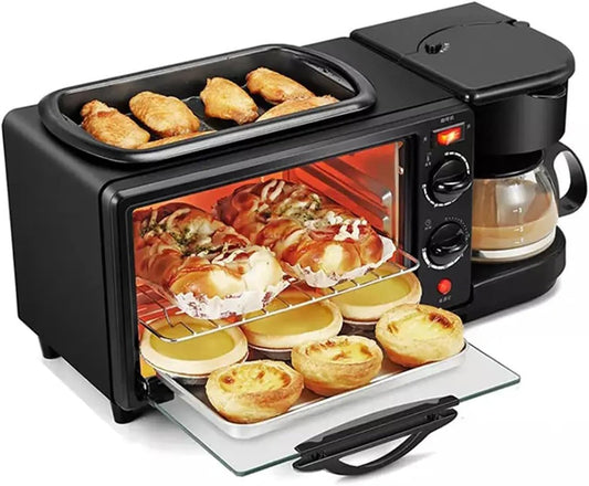 3 in 1 Breakfast Station with Coffee Maker, 1250W Electric Breakfast Maker 9L Non Stick Bread Toaster Oven with Frying Pan, Multi-Function Sandwich Maker Griddle Machine for Egg Bacon Sausages
