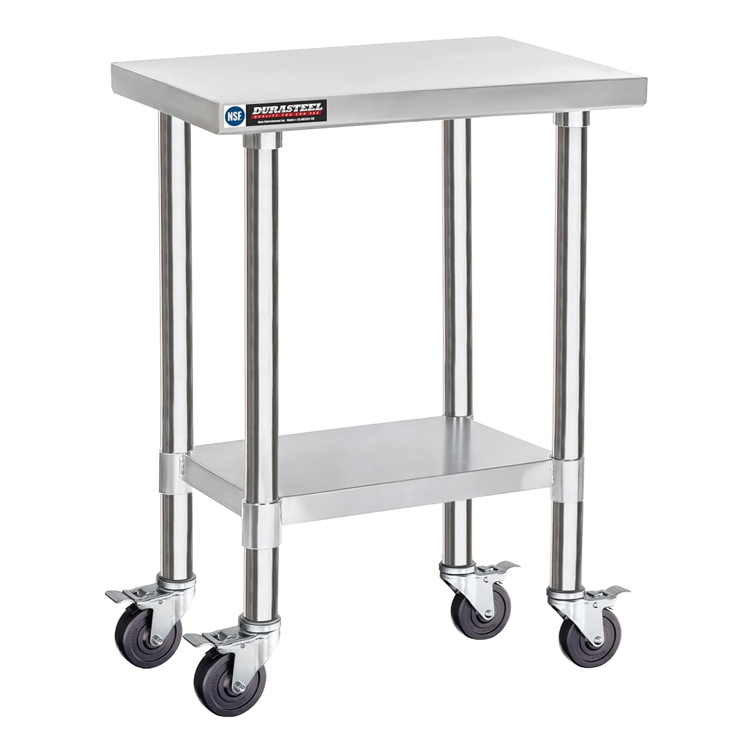 DuraSteel 24x18 NSF Stainless Steel Cart - Heavy Duty Rolling Food Prep Table with Undershelf - Metal Utility Cart for Commercial Restaurant Kitchen, Laundry, Side Mixer Stand