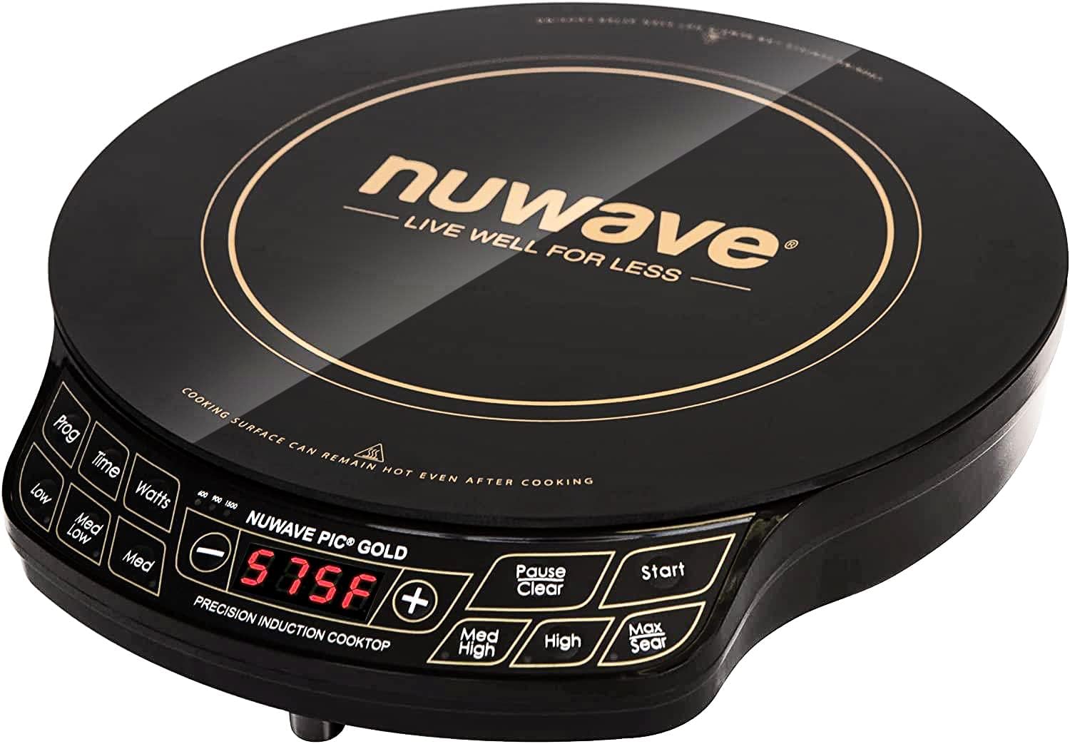 Nuwave Gold Precision Induction Cooktop, Portable, Powerful with Large 8\u201D Heating Coil,100°F to 575°F, 3 Wattage Settings, 12\u201D Heat-Resistant Cooking Surface