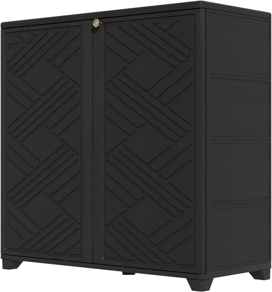 HOMSPARK Indoor\/Outdoor Storage Cabinet with Doors, 34\u201Dx15\u201Dx34\u201D HDPE Plastic Storage Box for Bedroom, Bathroom, Living Room, Balcony, Multi-Purpose for Daily Tools, Black