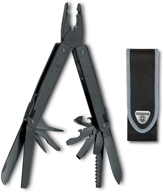 Victorinox Swiss Tool BS, 24 Function Swiss Made MultiTool with 2 Blades (Large and Serrated), 5 Screwdrivers, Pliers and Chisel - Black