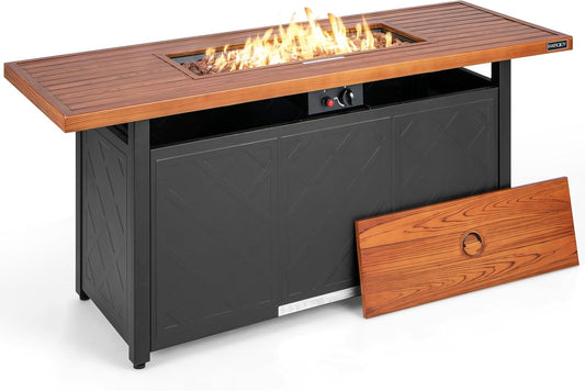 COSTWAY 57" Gas Fire Pit Table, 50,000 BTU Outdoor Patio Propane Fire Table, Rectangular Fire Pit with Wood-Like Tabletop, Lid and Lava Rocks, Suitable for Poolside, Garden, Balcony