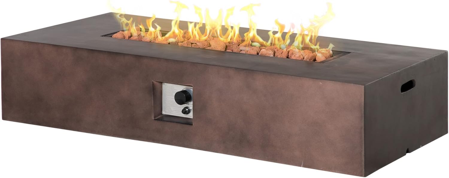 Outsunny 56" Firepit Table for Outside, 50,000 BTU Large Rectangular Stone Gas Firepit with Lava Rocks & Rain Cover, Fits 20lb Tank, Brown