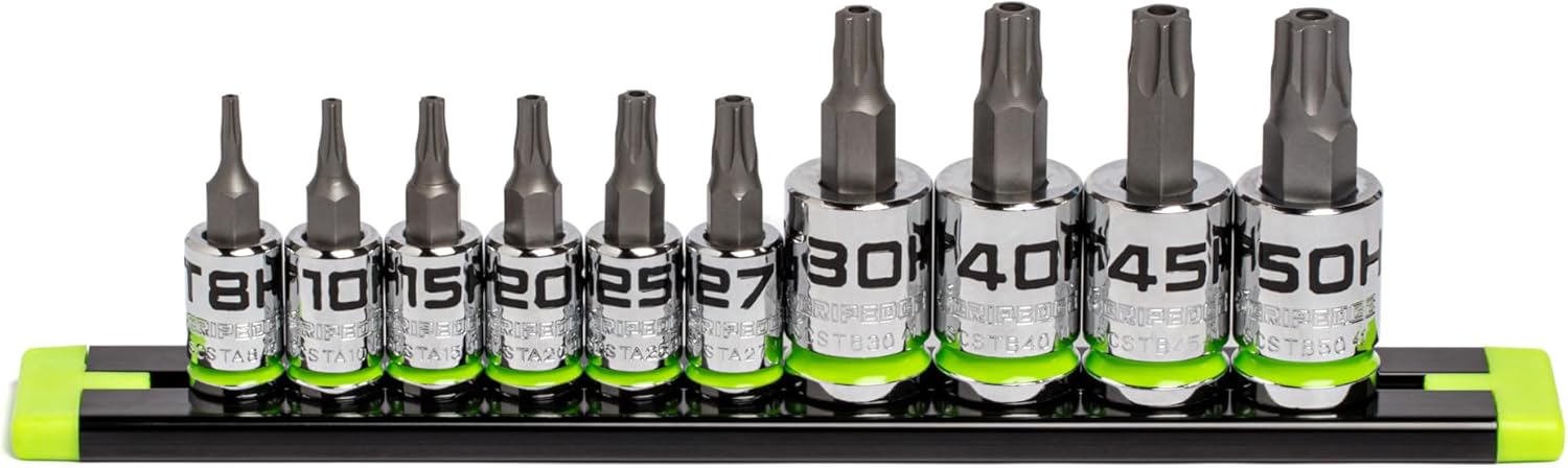 GRIPEDGE Tools | 10-PC RPT Security Star Driver Set | Sizes T8H - T50H | 1/4'' - 3/8" Drive | Made With S2 Steel | Includes Premium Aluminum Socket Rail |