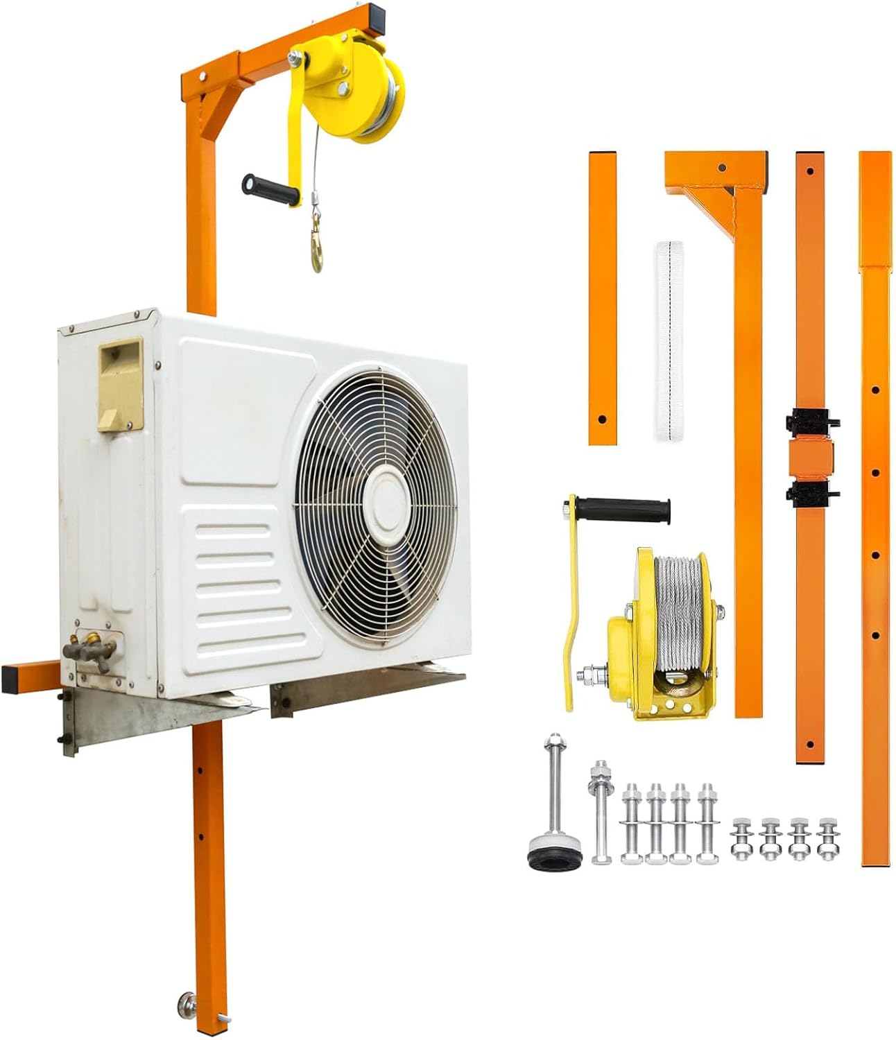 Air Conditioner Lifting Crane, AC Lift Tool 1200 lb Manual Winch with 49ft Steel Rope, Corrosion-Resistant Bracket for Outdoor HVAC Installation Device in Factories, Garages and Home KQZZIV