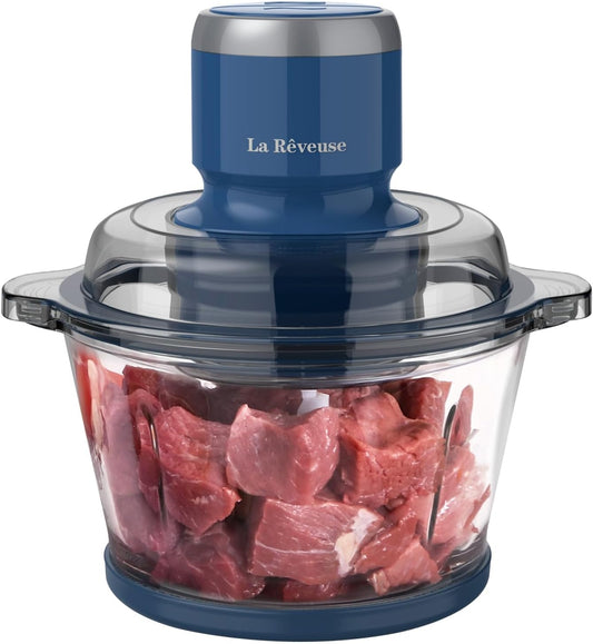 La Reveuse Food Processor,Electric Food Chopper with 7-Cup (1.7L) Glass Bowl, 4 Bi-Level Blades for Chopping,Grinding,Mincing,Whisking,Meal Prep,300W,Blue