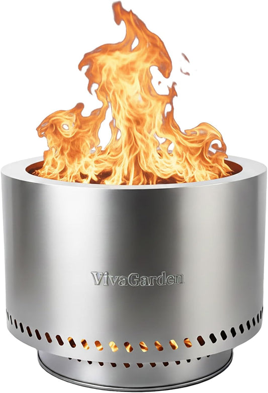 19.5 Inch Smokeless Fire Pit, VivaGarden Outdoor Wood Burning Fire Pit with Carry Bag, Stainless Steel Firepit for Camping, Backyard, Patio, Bonfire & Garden Gatherings (Silver)