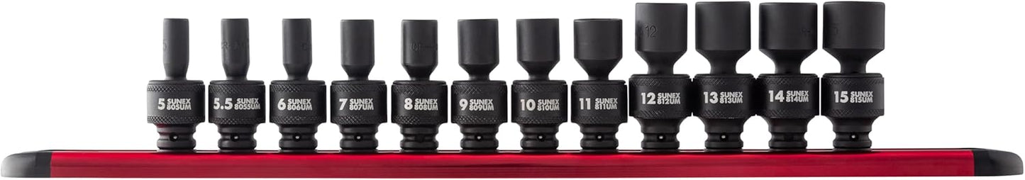 SUNEX TOOLS 1814, 1\/4 Inch Drive Universal Impact Socket Set, 12-Piece, Metric, 5mm - 15mm, Cr-Mo Steel, Radius Corner Design, Chamfered Opening, Dual Size Markings, Heavy Duty Storage Case
