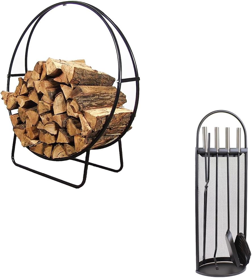 Sunnydaze 40” Tubular Outdoor Firewood Rack Hoop and 4-Piece Fireplace Tool Set with Mesh Shroud Stand