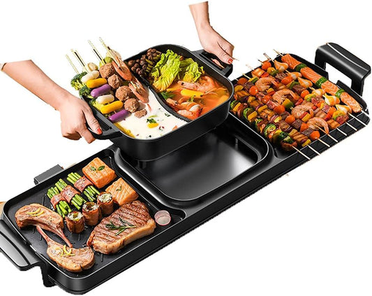 Electric Grill with Hot Pot 2 in 1 Indoor Korean BBQ Grill,2200W Multifunctional Smokeless BBQ Hot Pot Double Pot,Non-Stick Pan,for 5-10 People,for Grilling & Cooking(Double Pot)