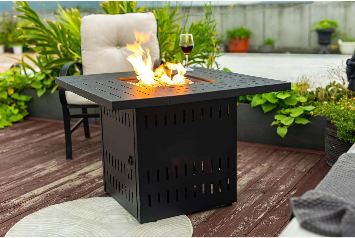 34" Propane Gas Fire Pit Table, 50000 BTU Rectangular Steel Fire Pit for Outside Patio Deck Garden Courtyard- Black