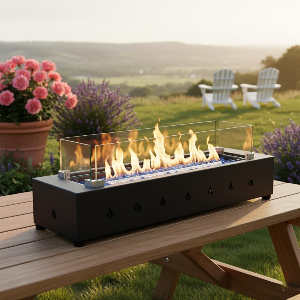 ESPIDOO 28-Inch Outdoor Propane Fire Pit: 40000BTU Rectangle Fire Table - Wind-Resistant Tempered Glass & Durable Iron Construction for Urban Balcony & Small Patio Use by Single Professionals