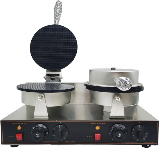 Double Station Ice Cream Waffle Cone Maker Machine Commercial Electric Egg Roll Cone Baker Non-Stick Waffle Roll Maker 110V 2400W