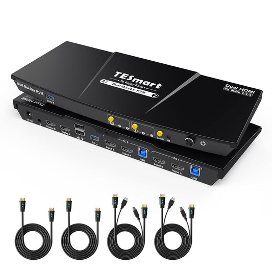TESmart USB 3.0 HDMI KVM Switch 2 Monitors 2 Computers 4K@60Hz, Dual Monitor KVM Switch HDMI 2 Port Extended Display, Audio&Microphone, EDID Emulators, Hotkey Switch, Button Switch with Input Cables