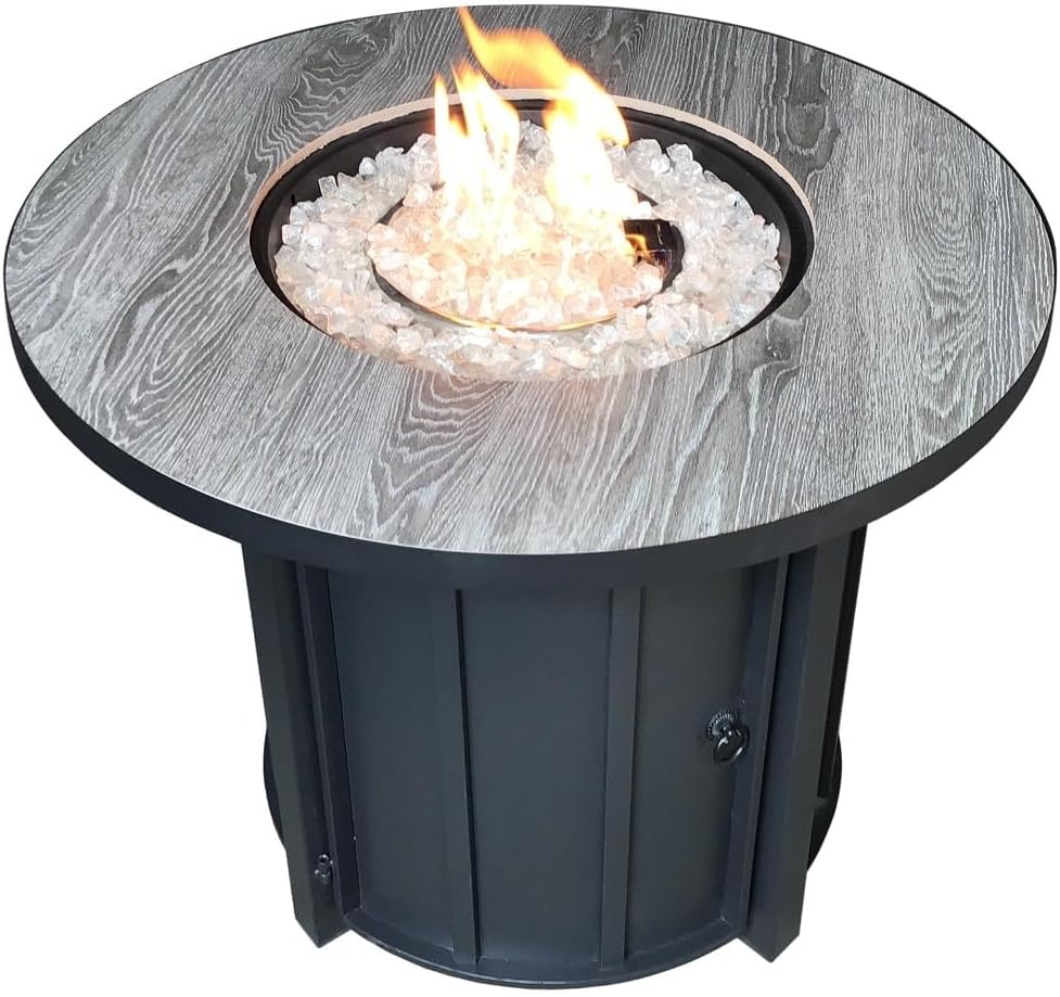 Hiland AFP-FWT Faux Wood Top 40,000 BTU Round Propane Fire Pit, Gray, Black