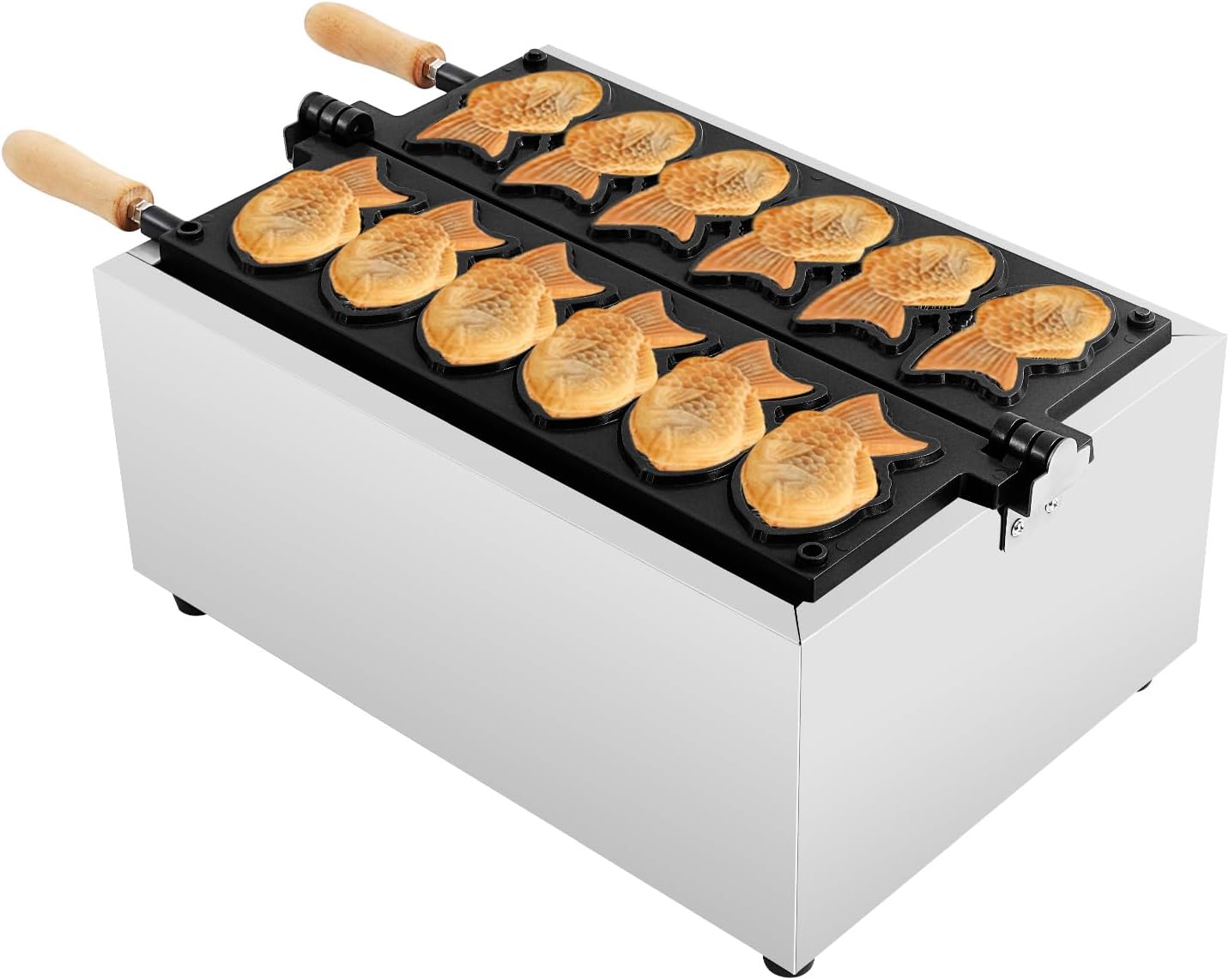 Taiyaki Fish Waffle Maker Commercial 2400W Non-stick Electric Machine with Adjustable TempeRodenture Control, Makes 6 Mini Fish-Shaped Waffles for Home and Business Use