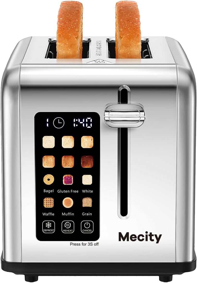 Mecity 2 Slice Toaster Touch Screen 1.5" Wide Slot, Stainless Steel Smart Bread Toaster for Bagel Muffin Waffle Gluten Free Breads, Timer, Defrost, Reheat, 120V 825W