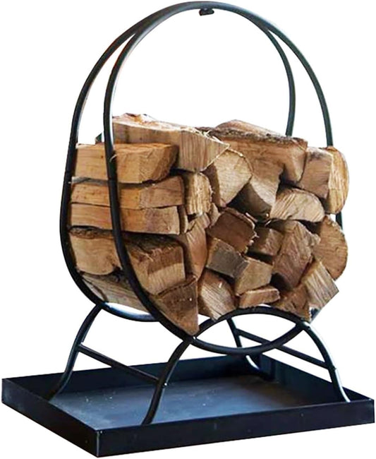 Curved Wood Box Rack with Storage Boxes, Farmhouse Steel Firewood Rack for Family Room/Inside Cabin/Camping