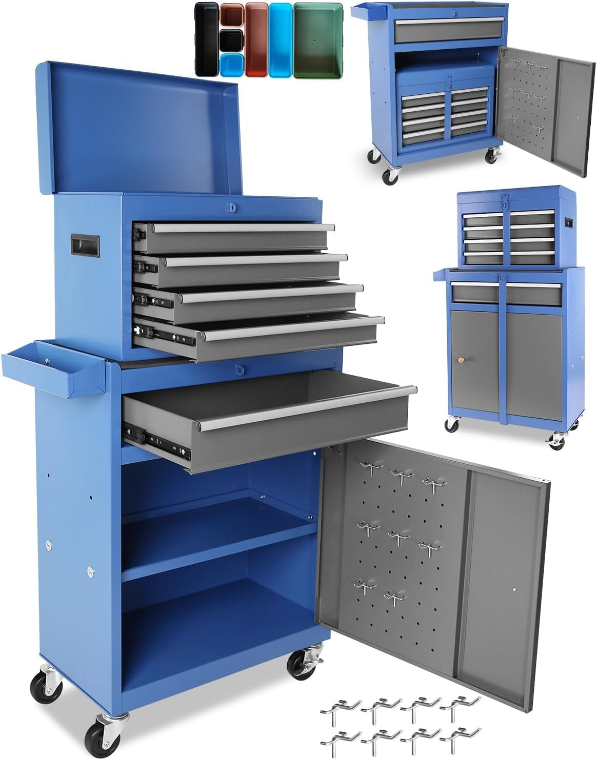 5-Drawer Steel Tool Chest with wheels and drawers, 2-in-1 Heavy Duty Rolling Tool Cabinet with Detachable Storage Box, Lockable Wheels & Anti-Slip Liners, Adjustable Shelf for Garage, Workshop