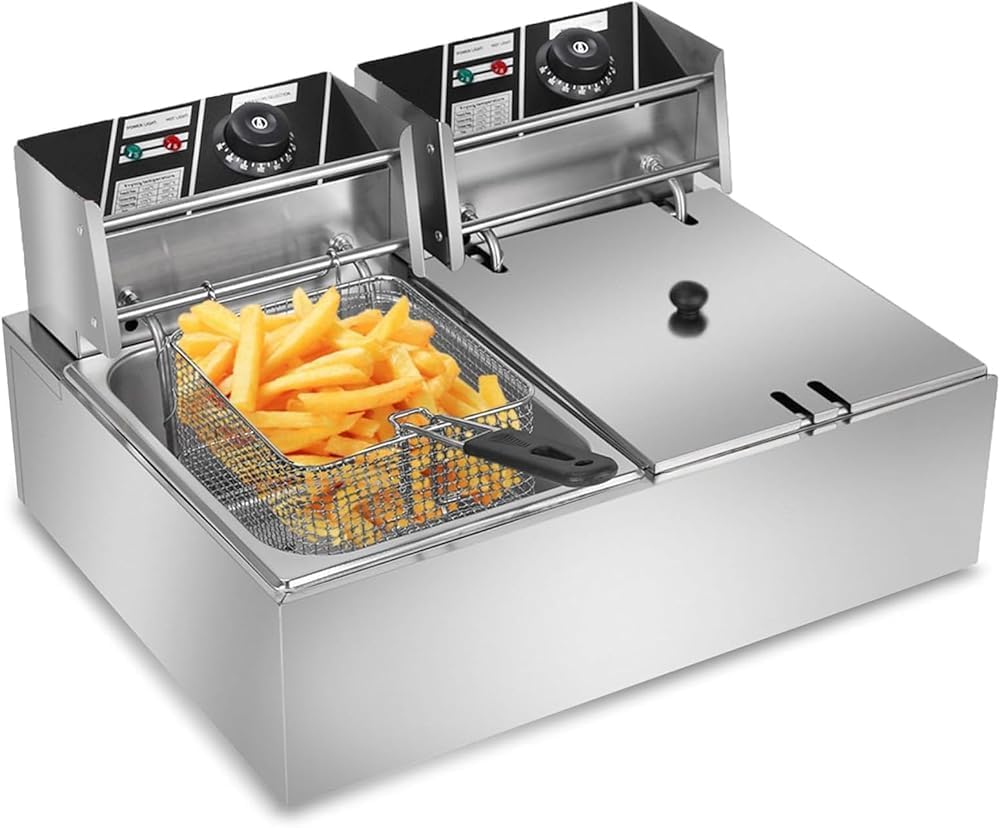 12.7QT Electric Deep Fryer with Baskets & Lids, Commercial Deep Fryer with Temperature Control, Stainless Steel Fryer, Countertop Fryers for Home Kitchen and Restaurant, 2500W