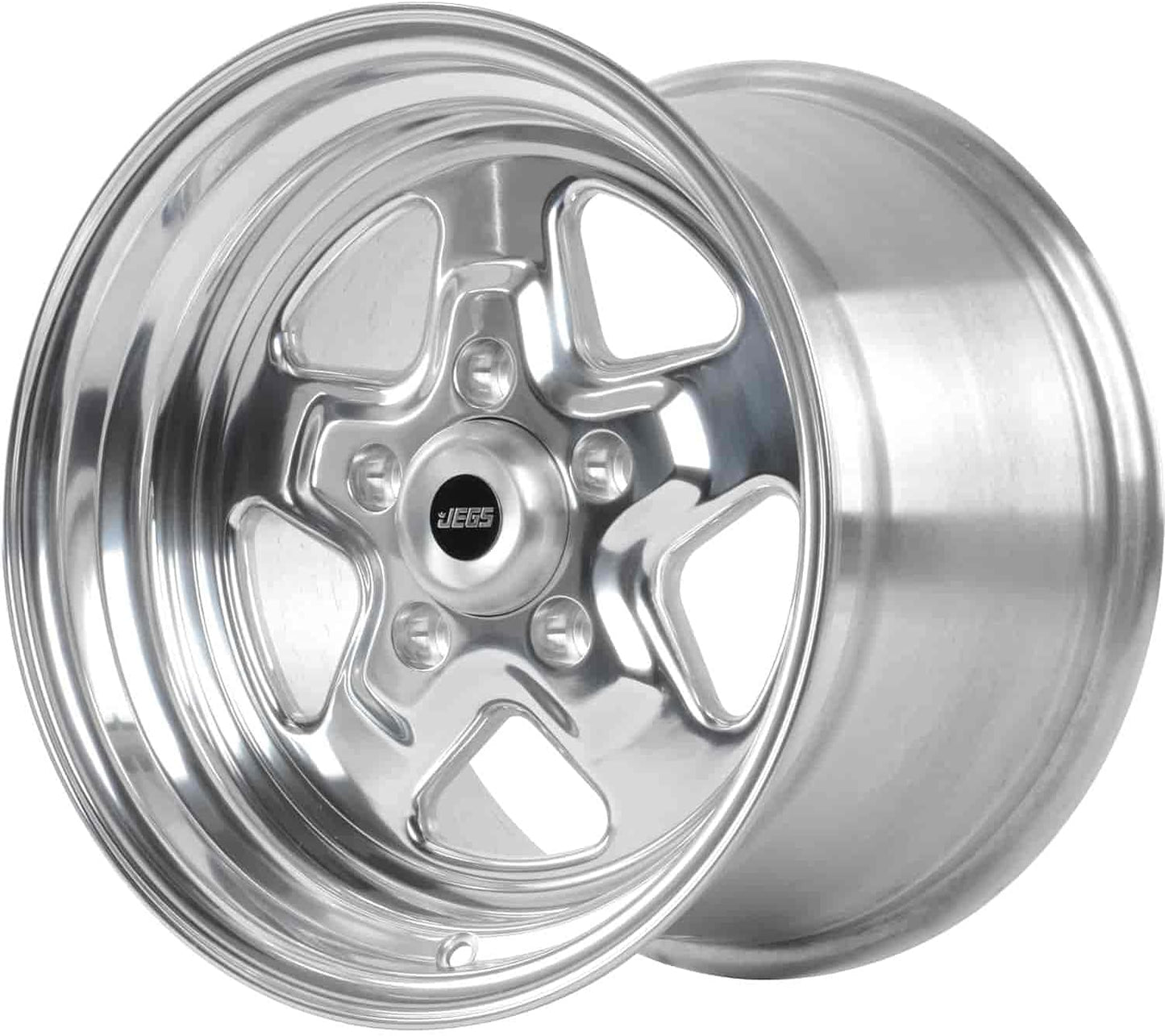JEGS Sport Star Aluminum Wheel 15” x 10” | 5 x 4.75” Wheel Bolt Pattern Spacing | 25 mm Offset | 6.5” Backspacing | Polished Finish | 3.27” Center Bore | Includes Center Cap