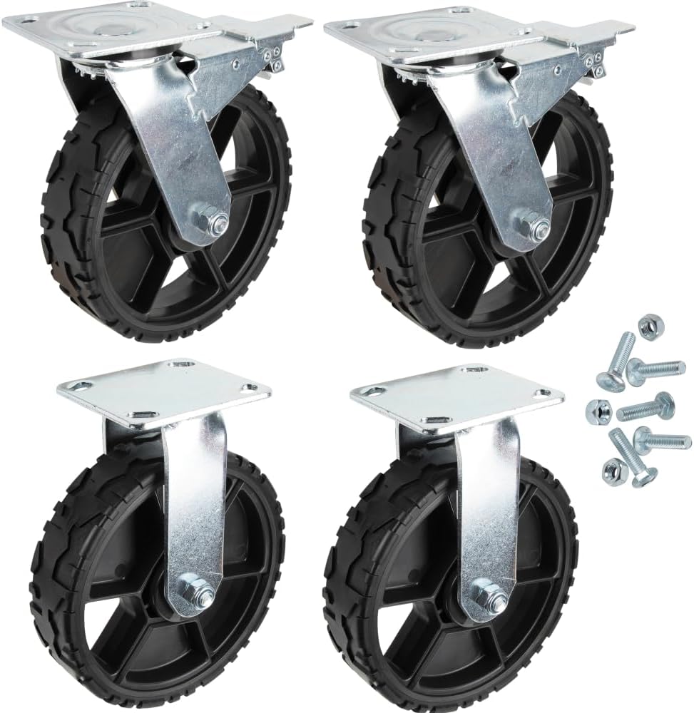 Klein Tools 54851MB 8-Inch Replacement Caster Wheels, Set of 4: Two Swivel with Brake/Two Fixed, Rubber Outer, Utility Carts, Wagons, Dolly