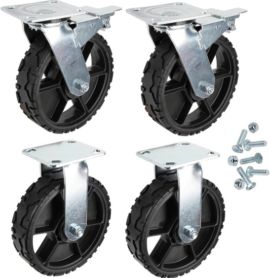 Klein Tools 54851MB 8-Inch Replacement Caster Wheels, Set of 4: Two Swivel with Brake/Two Fixed, Rubber Outer, Utility Carts, Wagons, Dolly
